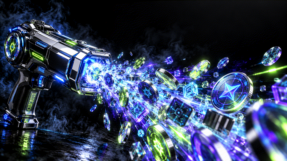 Chrome money gun firing luminous AI tokens through a black void